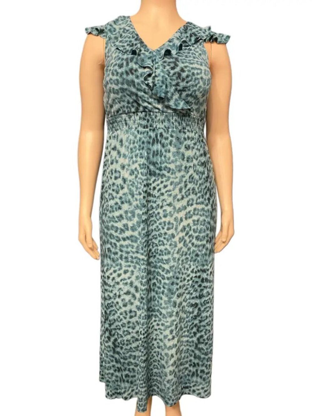 INC International Concepts Teal Leopard Print Ruffle Maxi Dress